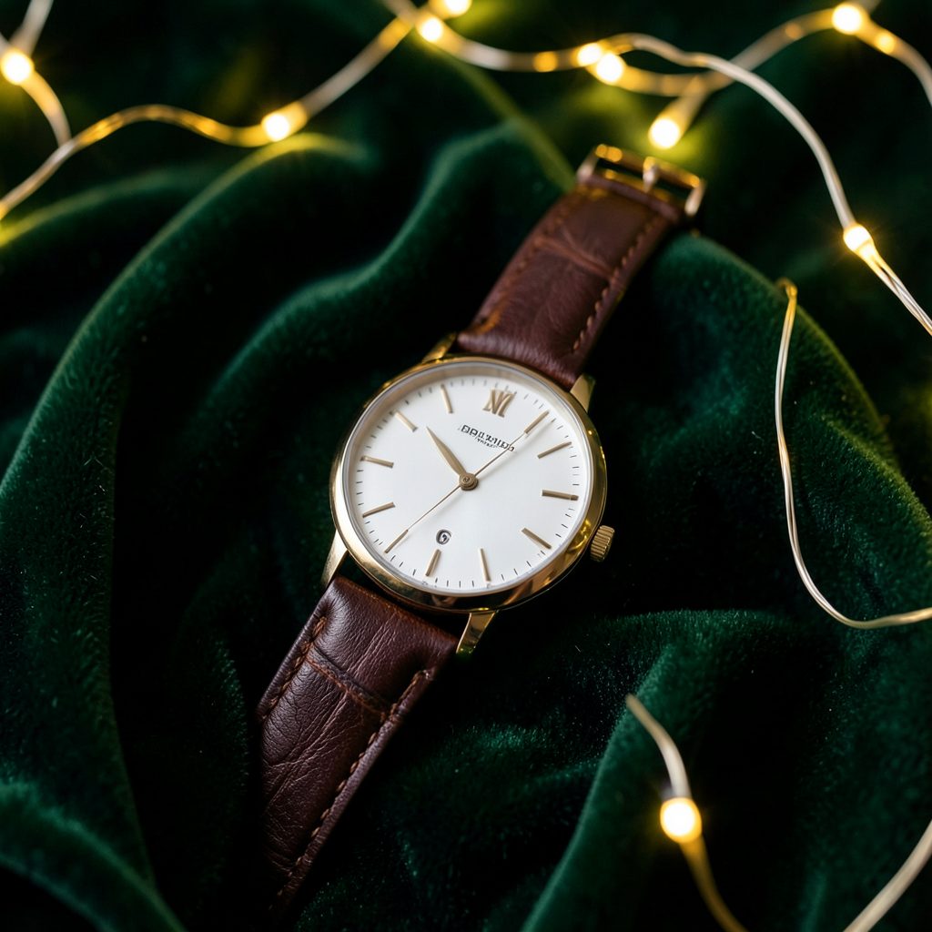 A festive arrangement with deep green velvet, warm golden fairy lights, and a classic leather-strapped dress watch