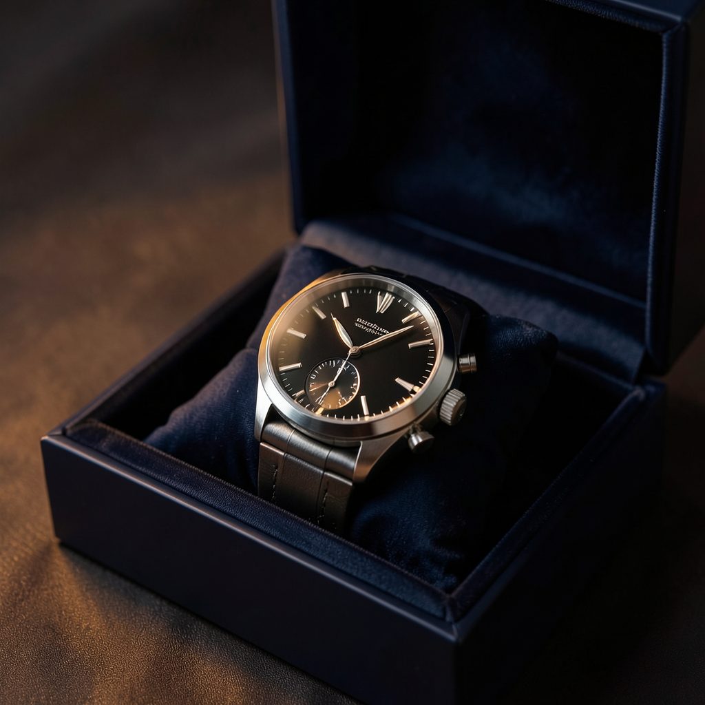 A luxurious gift box with a dark navy satin interior, holding a polished steel chronograph watch with a black dial