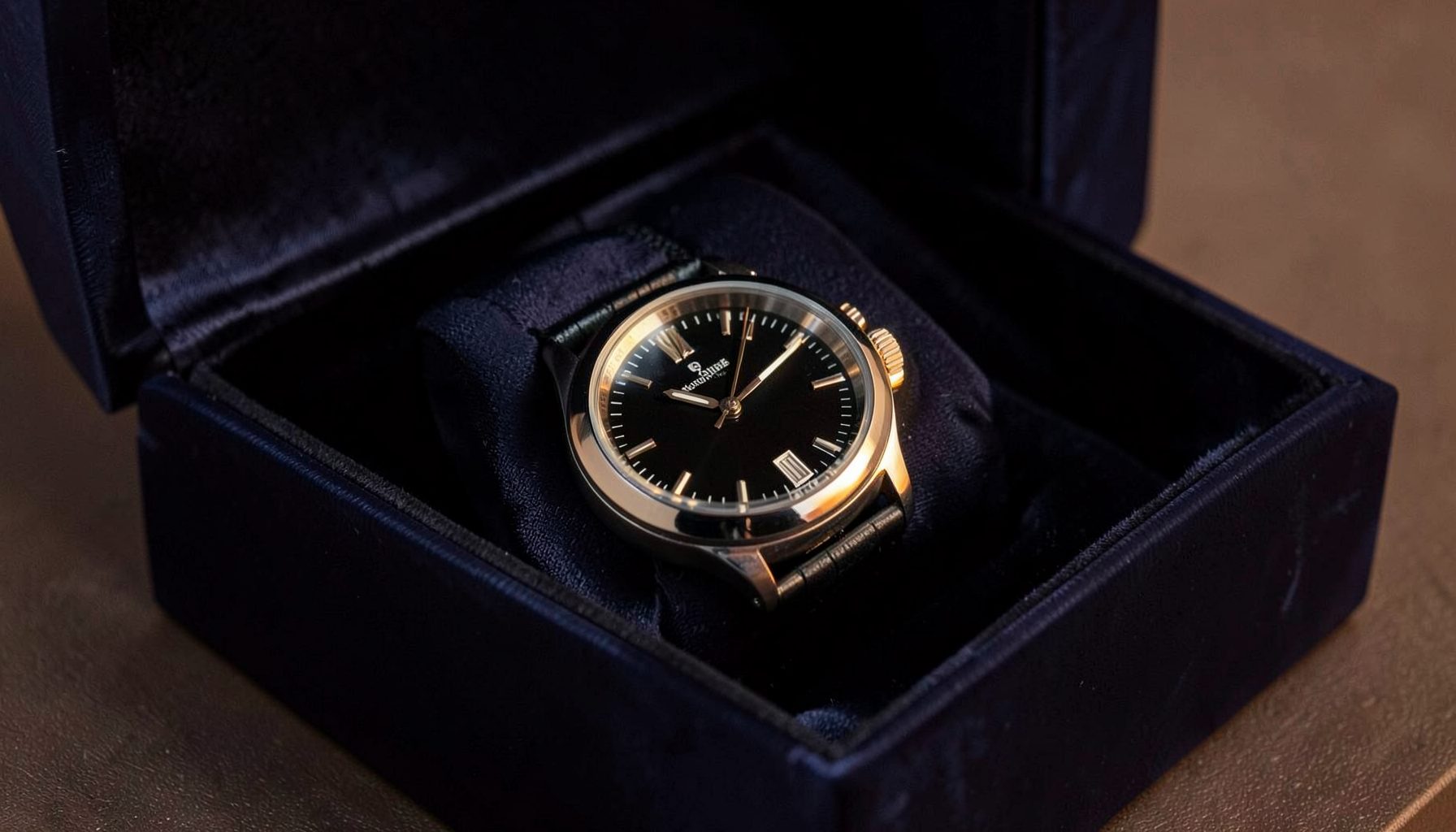 A luxurious gift box with a dark navy satin interior, holding a polished steel chronograph watch with a black dial, warm ambient lighting