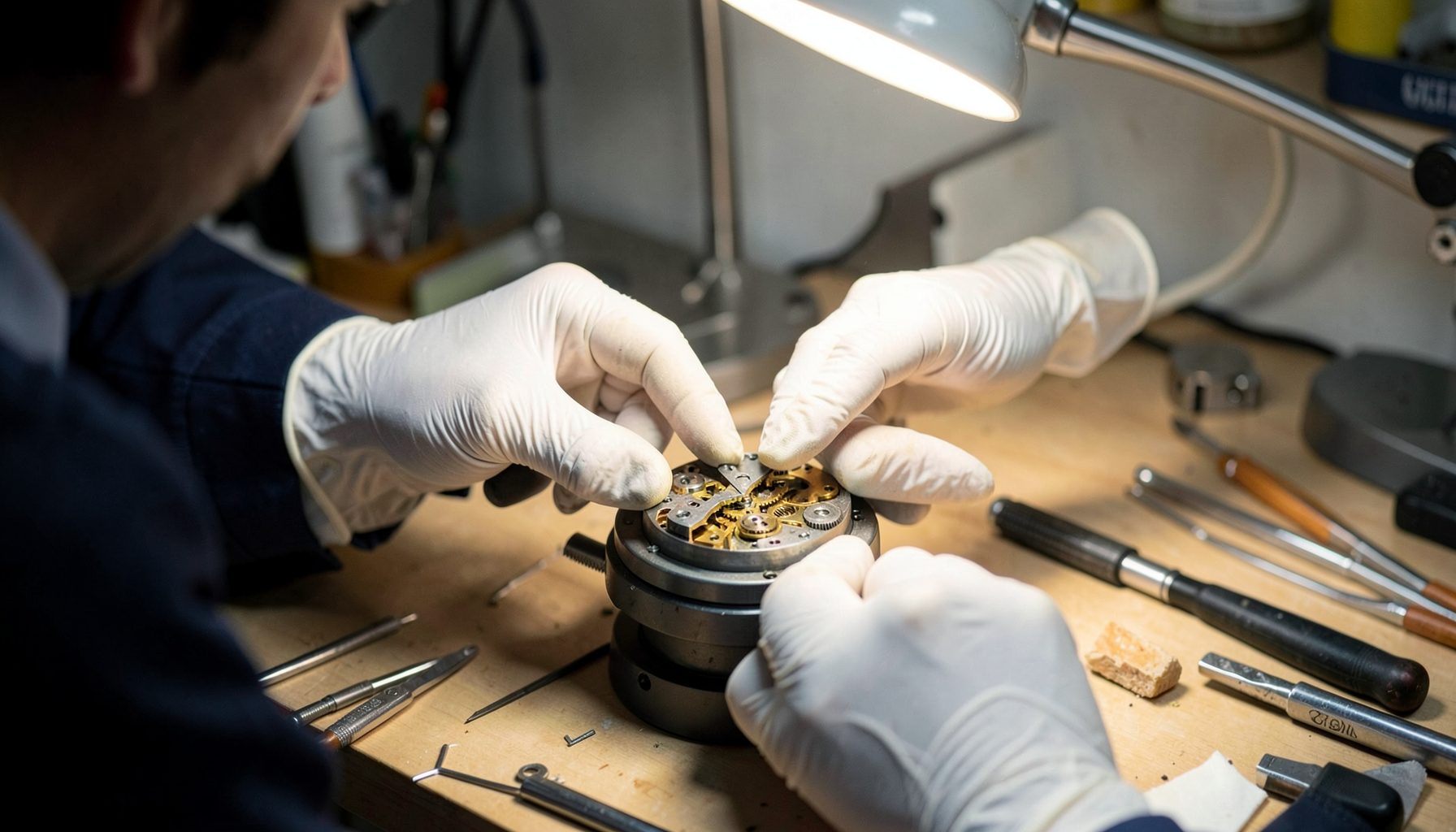 A watchmaker's hands in white gloves inspecting a mechanical movement under a bright desk lamp, surrounded by precision tools