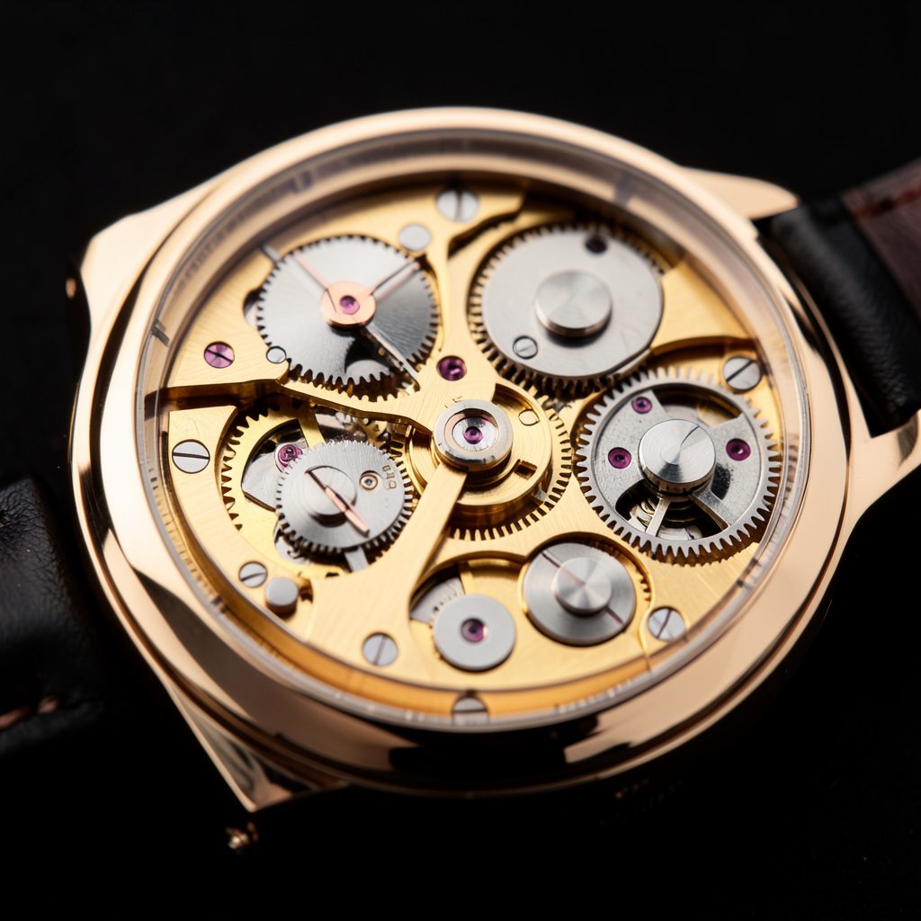 Close-up of a luxury watch movement with intricate gears and polished bridges, warm metallic tones against a dark background