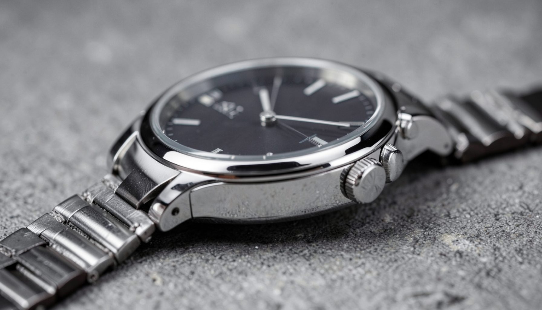 Close-up of a luxury wristwatch with a dark dial and polished steel case, resting on a textured grey surface under soft light