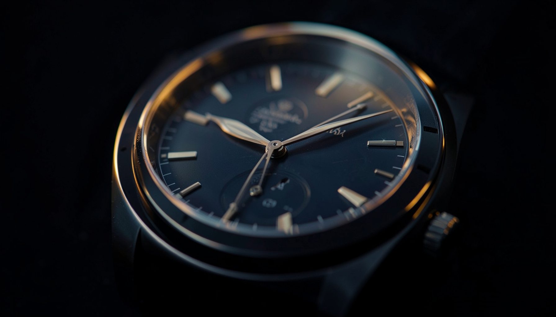 Dark cinematic scene of a luxury watch dial under dramatic studio lighting, deep navy and charcoal tones with warm golden highlights