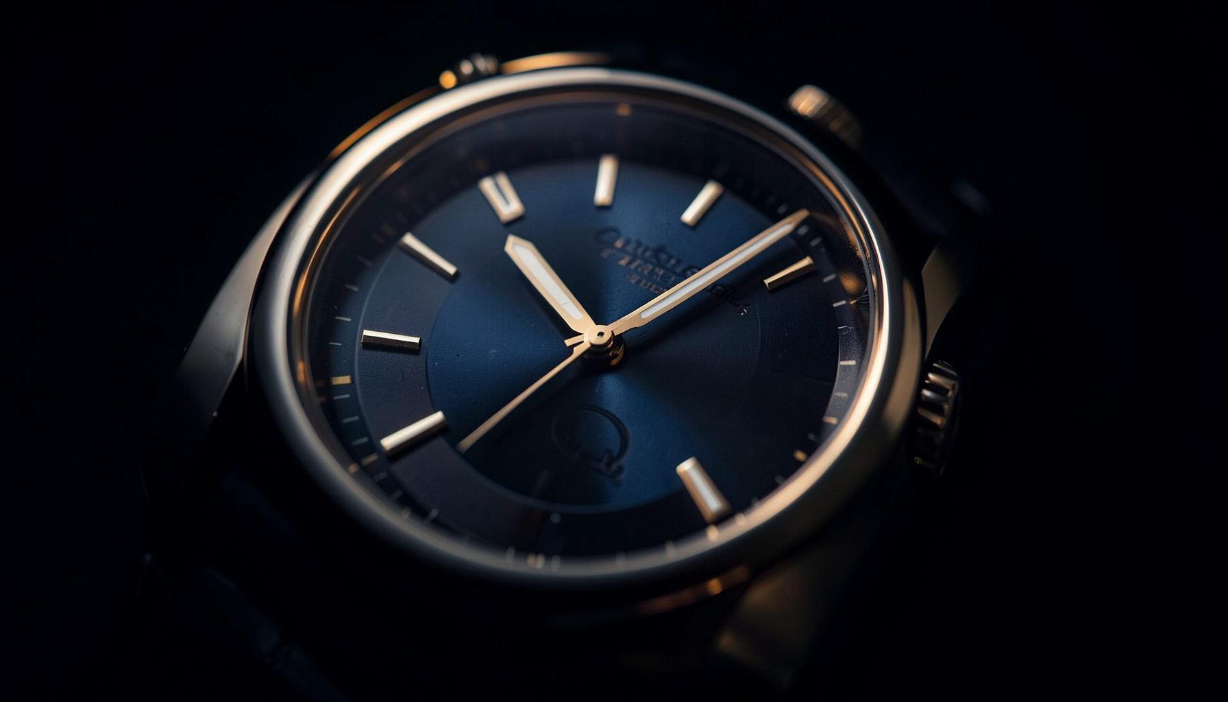 Dark cinematic close-up of a luxury watch dial under dramatic studio lighting, deep navy and charcoal tones