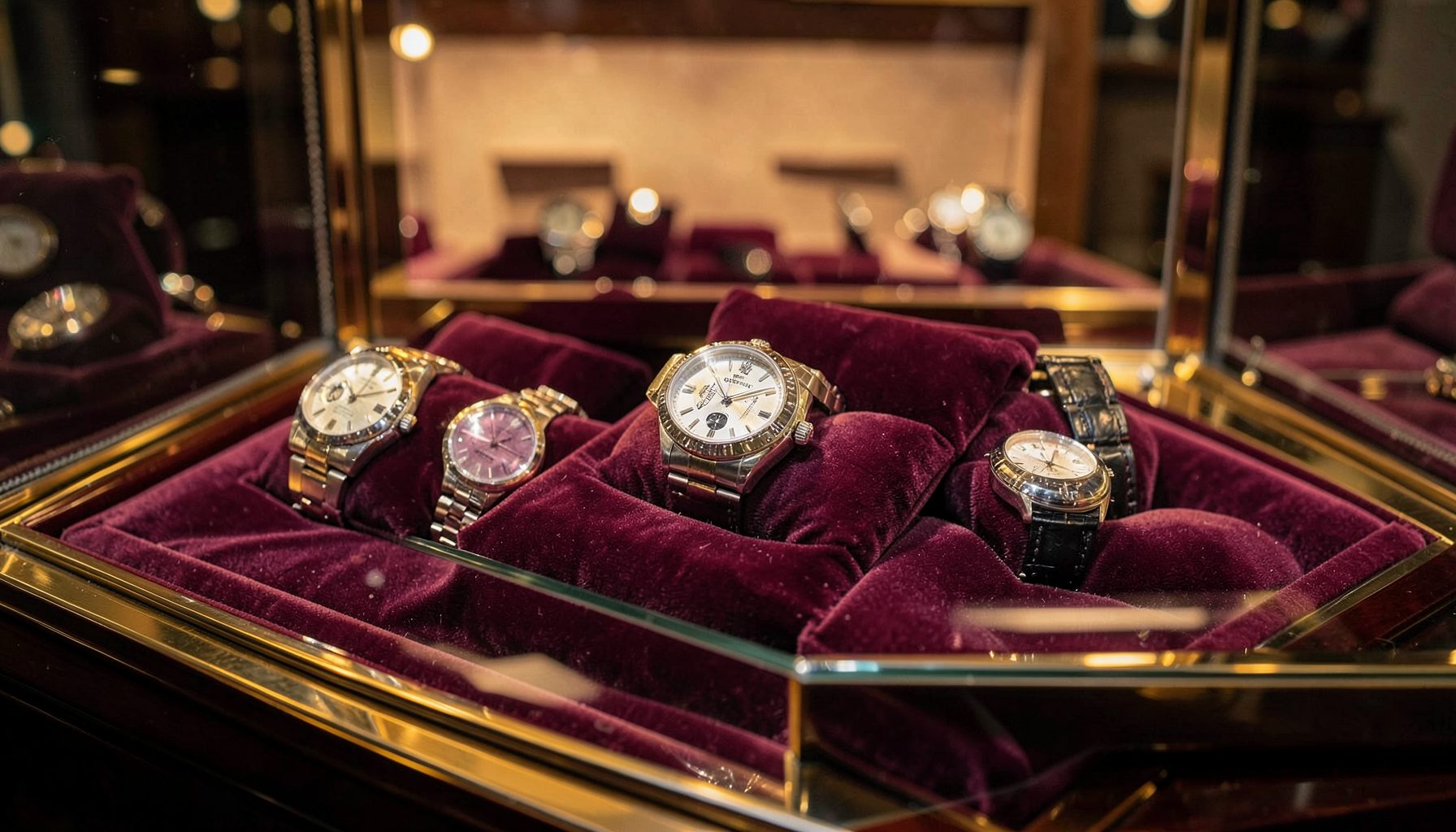 Elegant display case with several luxury watches on velvet cushions, warm ambient lighting reflecting off polished metal