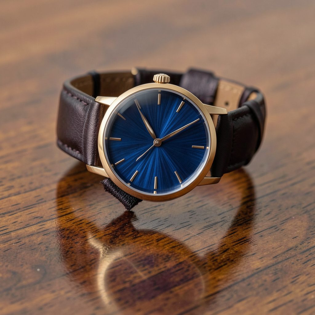 Elegant dress watch with a deep blue sunburst dial and leather strap, placed on a polished wooden surface