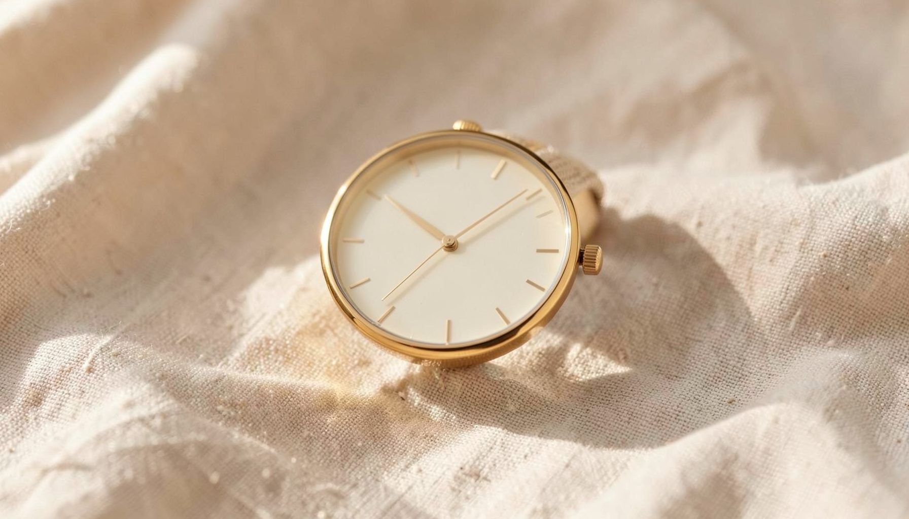 Elegant dress watch with a minimalist cream dial and slim profile, placed on a soft linen background in warm natural light