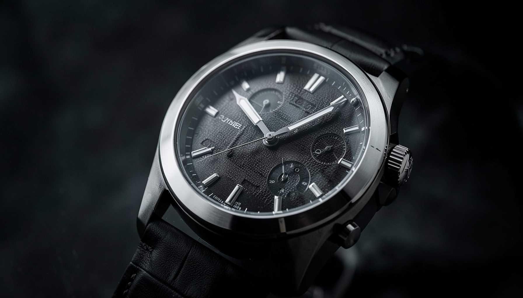 Luxury sports watch with a textured dial, dramatic moody lighting in deep charcoal and warm amber tones