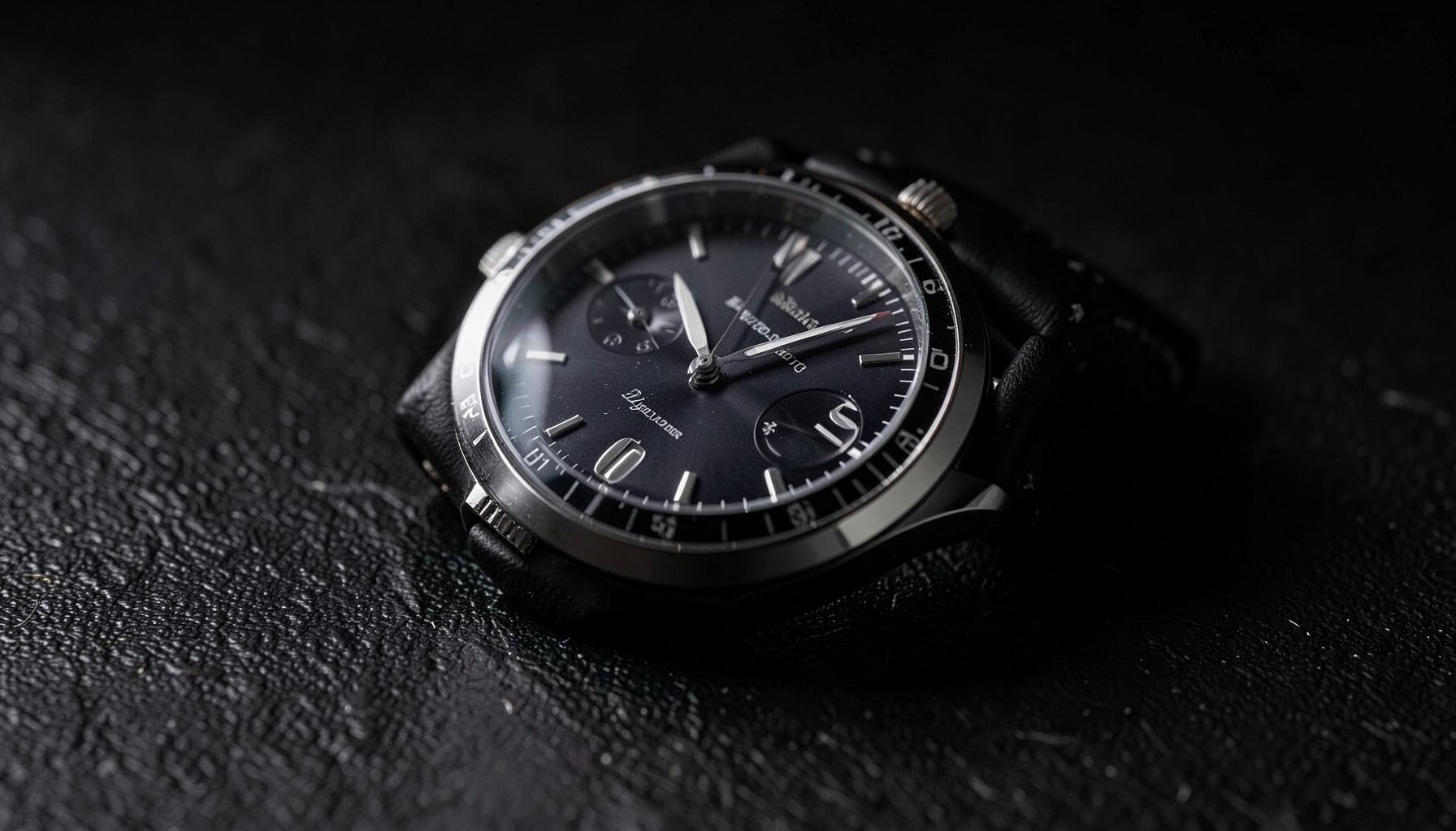 Newly released luxury chronograph on a dark textured surface, dramatic side lighting emphasizing polished contours