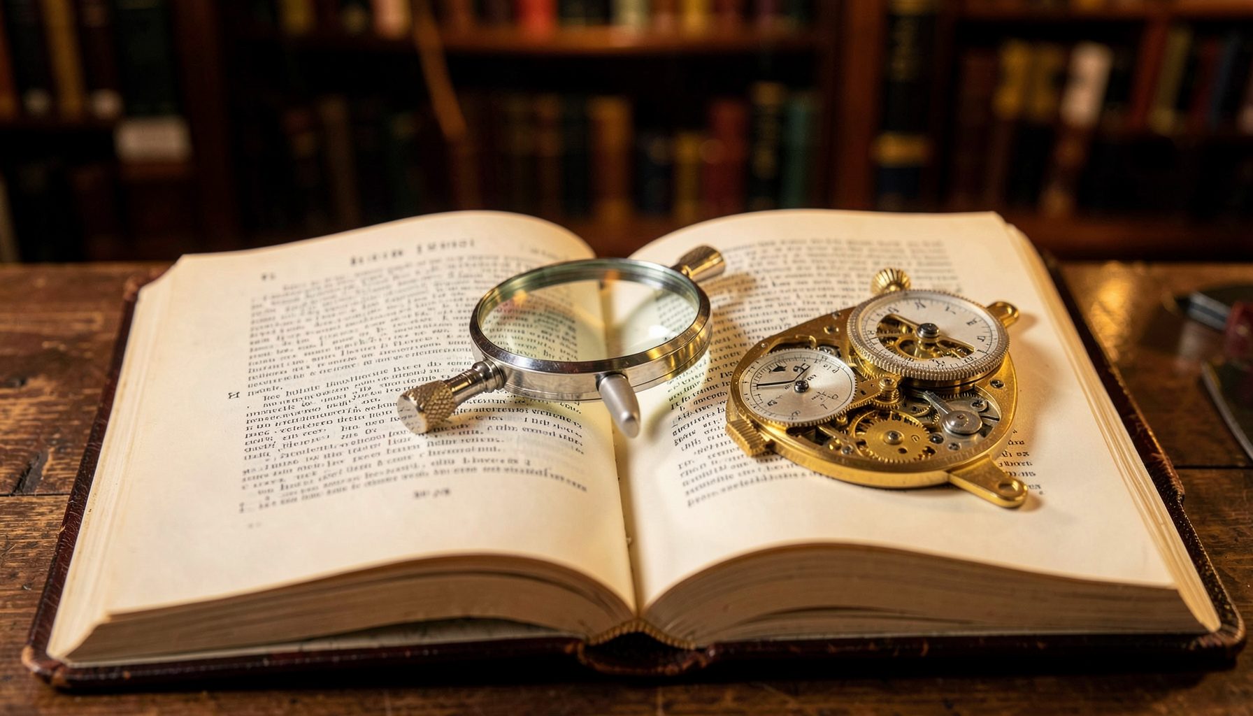 Open book about horology with a loupe and vintage chronograph, warm library lighting