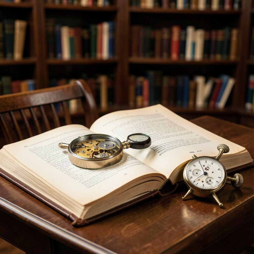 Open hardcover book about watchmaking with a loupe and a vintage chronograph resting beside it, warm library lighting