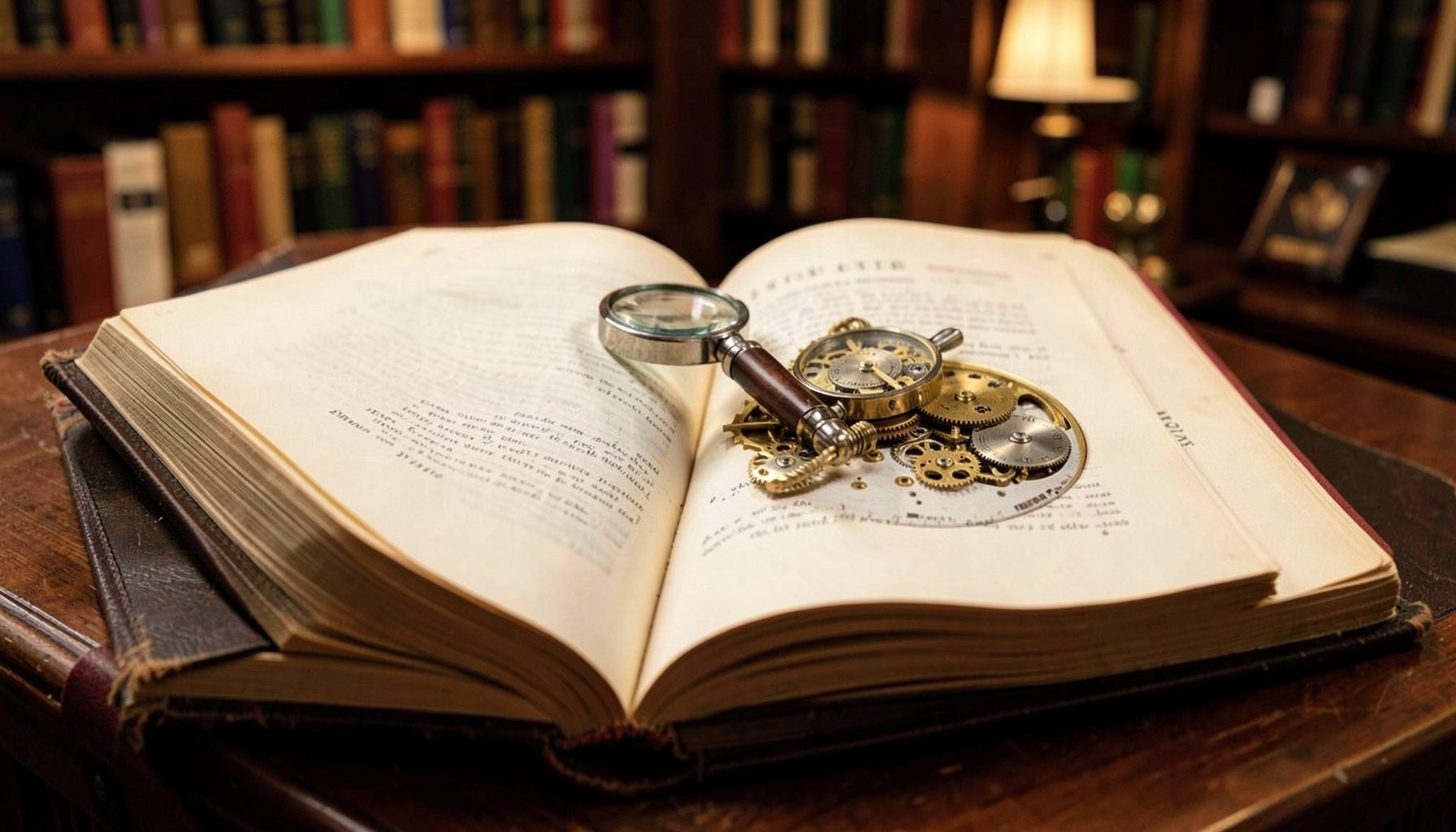 Open hardcover book about watchmaking with a loupe and vintage chronograph, warm library lighting