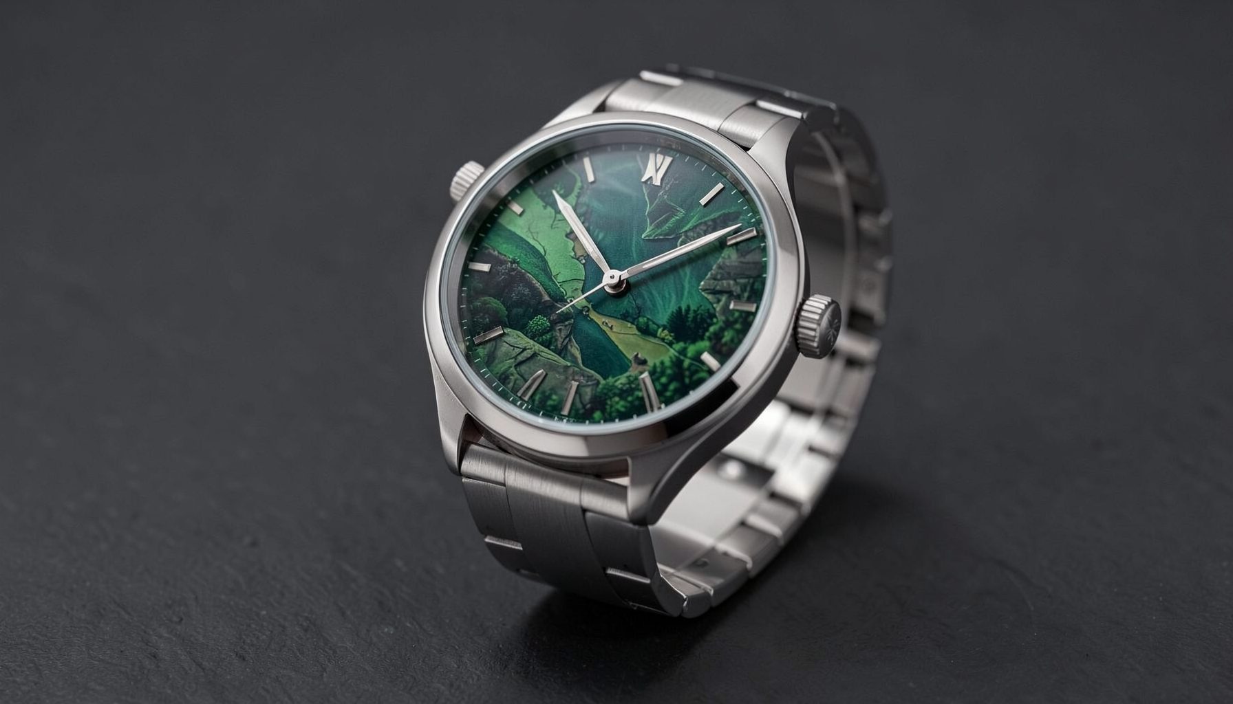 Watch with a deep green textured dial inspired by natural landscapes, stainless steel case on dark slate